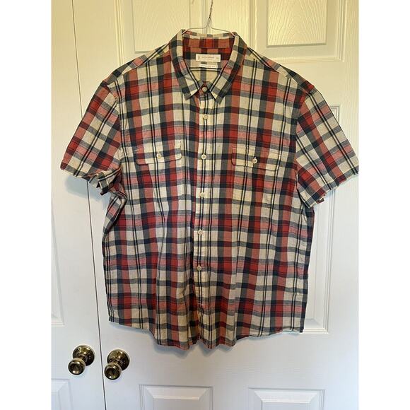 Lucky Brand Untucked Fit Short Sleeve Button Shirt Mens 2XL Plaid Cotton Linen - Picture 1 of 6